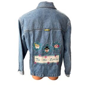 Pulp Womens Embroidered Jean Jacket Size M Snowmen Winter VTG 90s Artsy